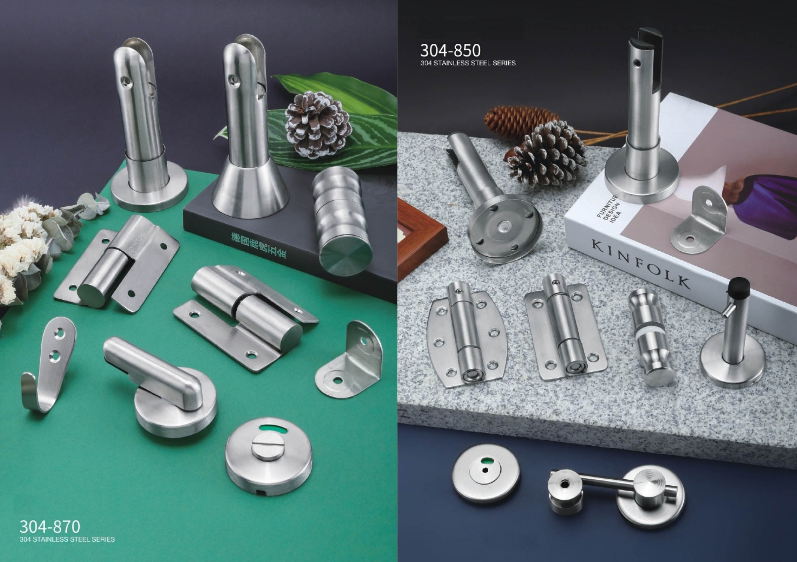Stainless steel toilet partition hardware system including hinges, locks, support legs and connectors for commercial restroom cubicles